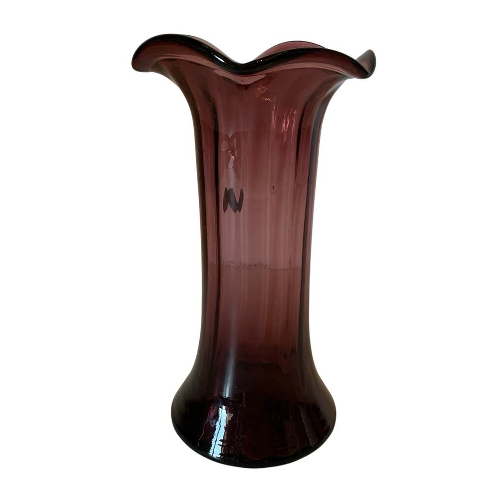 Vintage Beacon Purple Amethyst Blown Glass Vase Ruffled rim
